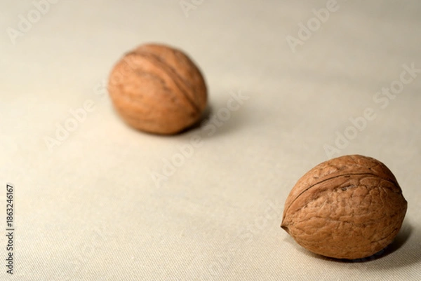 Obraz Two walnuts resting on a soft, textured surface in natural light