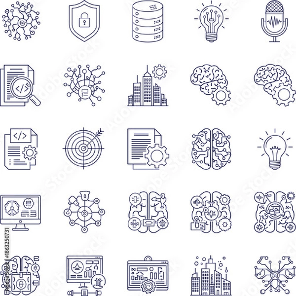 Obraz Artificial Intelligence and Cybersecurity Icon Set Featuring Data Encryption Security Shield Neural Networks Smart City Infrastructure and Cognitive Computing Solutions Line Art Vector