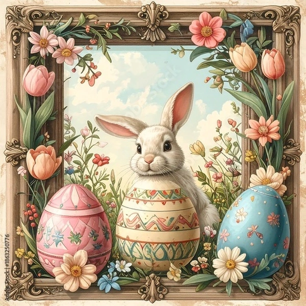 Obraz Vintage Easter Bunny with Decorated Eggs.
