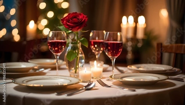 Obraz Elegant romantic dinner table setting rose wine candlelight