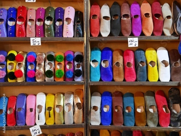 Fototapeta モロッコのマラケシュのお土産屋さんのカラフルなバブーシュ