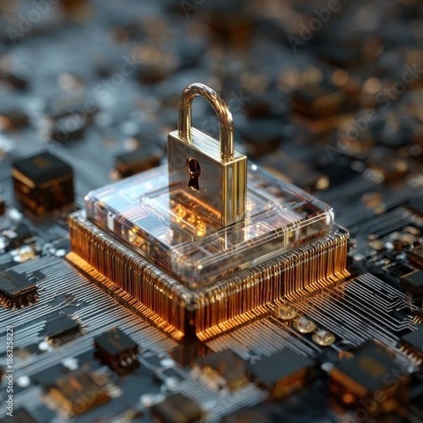 Obraz Digital security padlock on computer circuit board