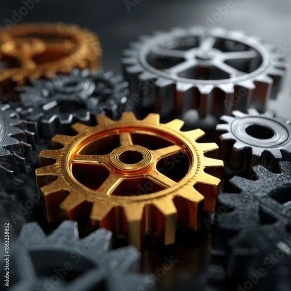 Obraz Golden and silver gears interlocking together