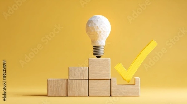 Obraz Light bulb on stair blocks with check mark