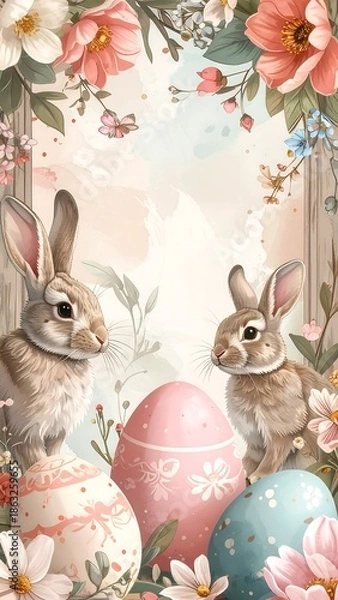 Obraz Easter Bunny Rabbits with Decorated Eggs Flowers.