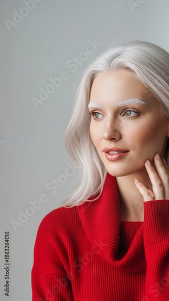 Obraz Model with White Eyebrows Exuding Elegance in Red Sweater  