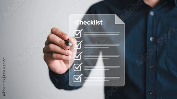 Fototapeta Person marking a digital checklist with a pen.