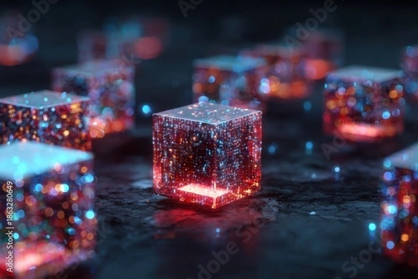 Obraz Glowing digital cubes with bokeh lights