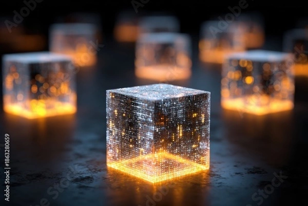 Obraz Glowing digital cube with bright data streams
