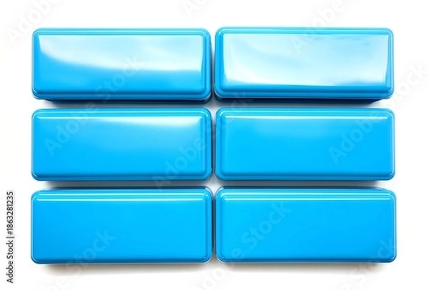 Fototapeta Six bright blue rectangular plastic containers arranged neatly on a white background.