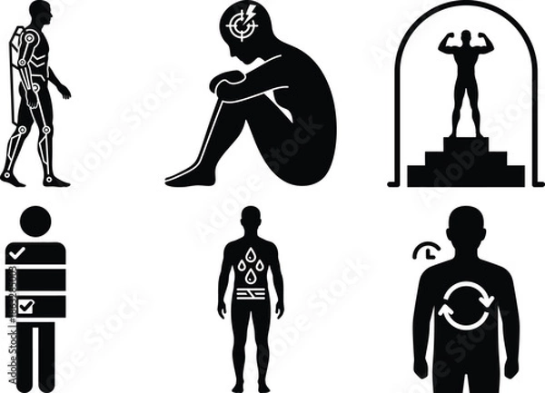 Obraz Biohacking Performance & Optimization Icons Bundle � Nutrition Control, Posture, Recovery Cycle, Sensory Optimization, Signal Alignment