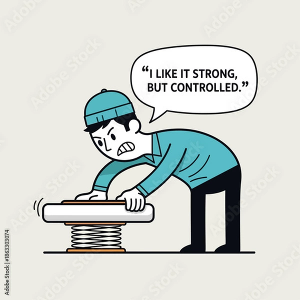 Obraz Cartoon man controlling strong spring with determined expression