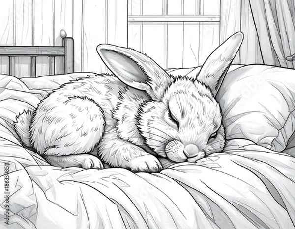 Obraz Rabbit Sleeping on Bed Illustration Artwork.