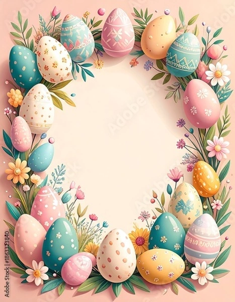Obraz Colorful Easter Eggs Wreath with Flowers.