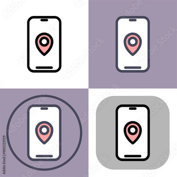 Obraz This icon set depicts a smartphone displaying a location pin- ideal for mobile navigation- GPS- and mapping applications. Various styles are included for diverse design needs.