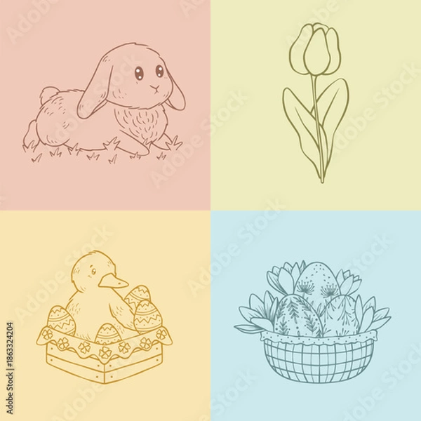 Obraz Easter illustrations with cute characters, spring flowers and easter eggs, vector art