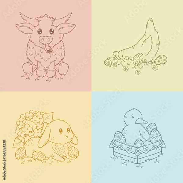 Obraz Easter illustrations with cute characters, spring flowers and easter eggs, vector art