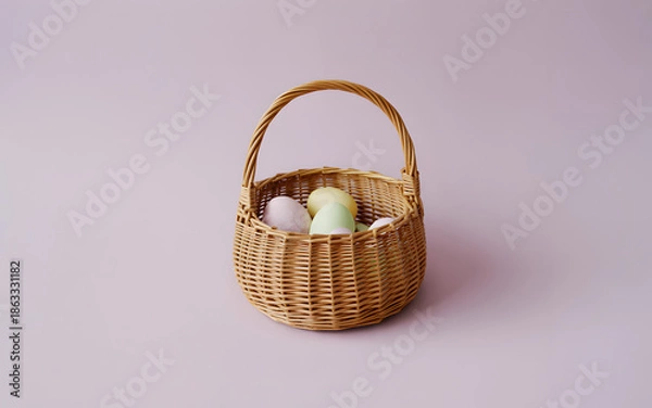 Fototapeta Happy easter sunday basket with easter eggs and bunny inside