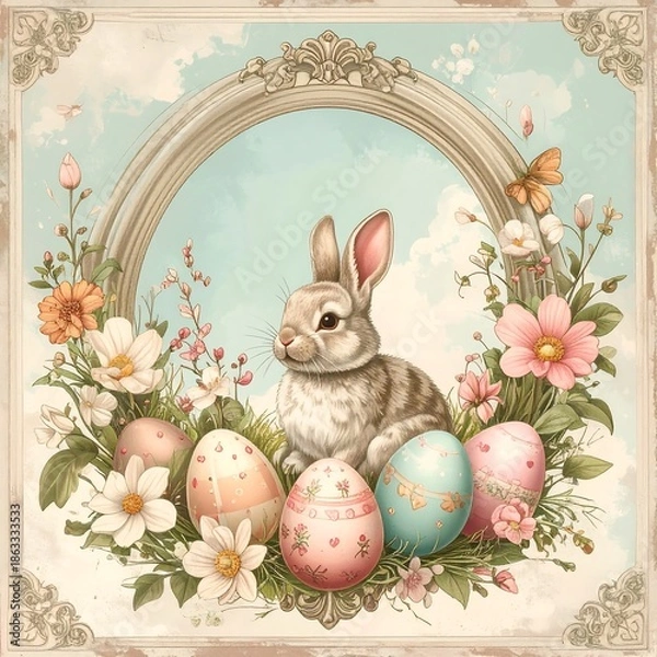 Obraz Easter Bunny with Eggs and Flowers.