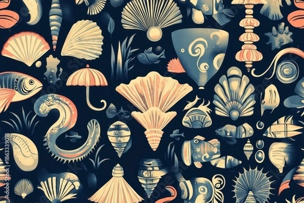Obraz Seamless marine vector pattern with umbrellas shells and fish