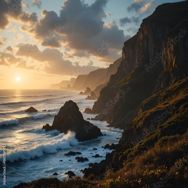 Obraz Dramatic coastal landscape with rugged cliffs and waves at sunset