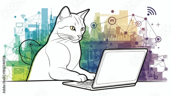 Fototapeta Cat using laptop in a tech background