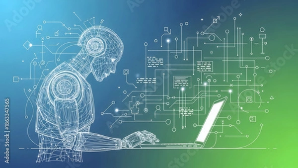 Obraz The robot using a laptop in a technology background