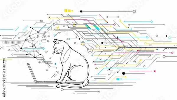 Fototapeta Cat using laptop in a tech background