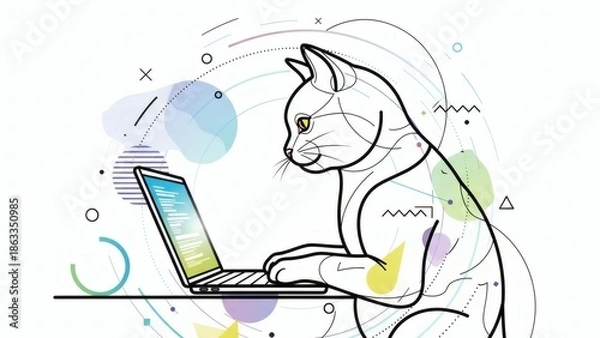 Obraz Cat using laptop in a tech background