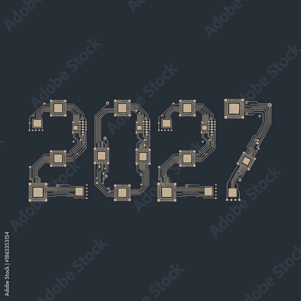 Obraz 2027 microchip circuit pattern vector – Ideal for tech trends, future planning, or electronic industry content.