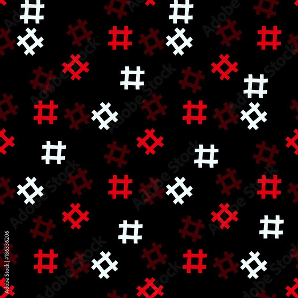 Fototapeta Red and white Hashtag seamless on black background. Hashtag random seamless pattern
