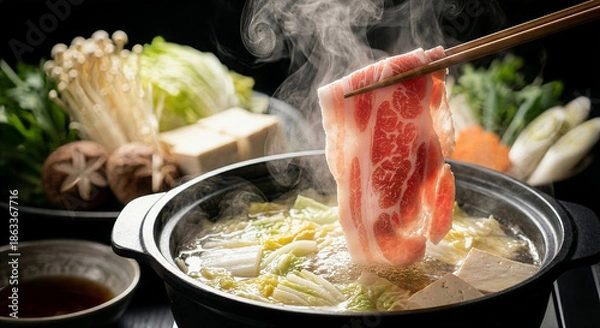 Obraz 湯気が立ち上る温かい黒豚しゃぶ鍋、食欲をそそる冬の味覚