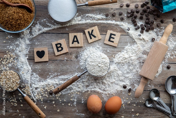 Obraz A baking concept background using different ingredients and utensils.