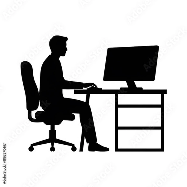 Fototapeta office worker sitting at desk using computer silhouette