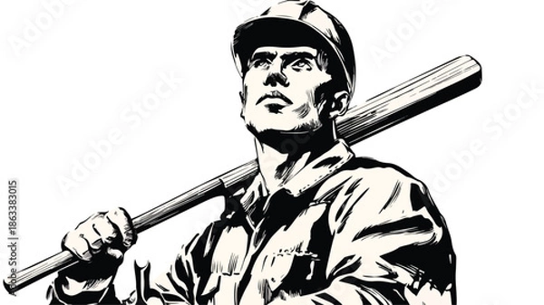 Fototapeta Professional Construction Worker Using Mattock Tool for Landscaping Work