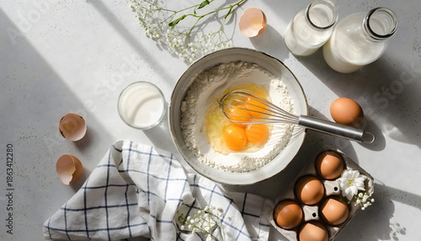 Obraz Baking Ingredients With Eggs And Flour Flat Lay