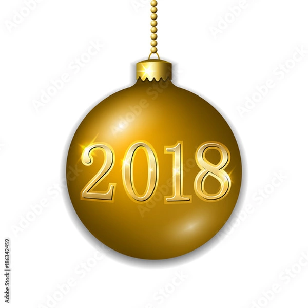 Obraz Merry Christmas 3D bauble, decoration with 2018 number. Gold ball, isolated on white background. Bright golden holiday design. Xmas, Happy New Year celebration Vector illustration