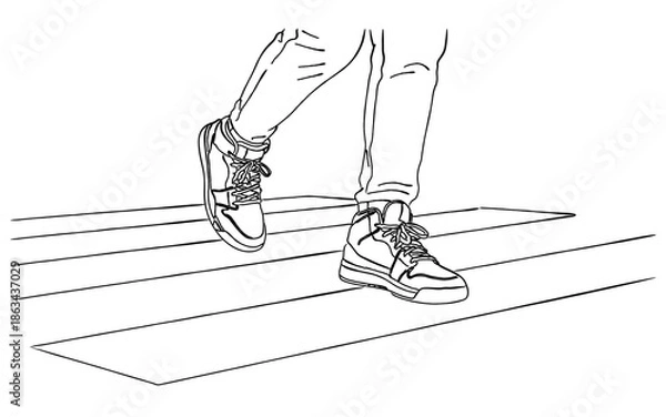 Obraz 横断歩道を歩くスニーカーの足元の線画イラスト｜日常・前進・スタートのコンセプト