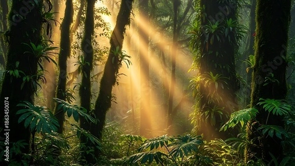 Obraz Enchanted Rainforest: Sunbeams Through Ancient Trees