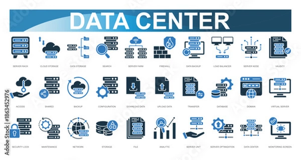 Obraz Data Center Icon set. Vector illustration. Server Rack, Cloud Storage, Data Storage, Search, Server Farm, Firewall, Data Backup, Load Balancer, Server Node, Validity. Vector illustration
