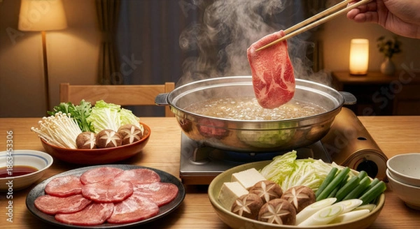 Obraz 湯気立つ鍋で楽しむ、贅沢な牛タンのしゃぶしゃぶ
