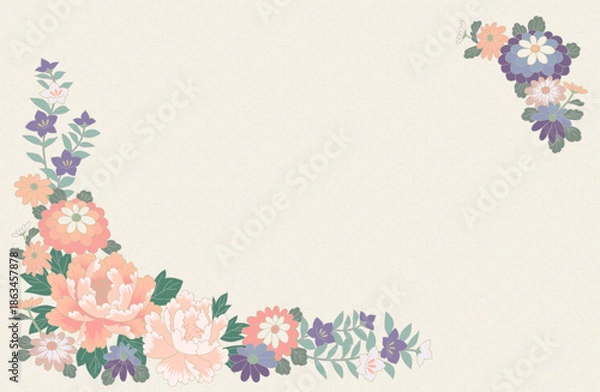 Obraz 和柄背景 七宝文様と花のフレーム 上品でやさしい生成り色_2