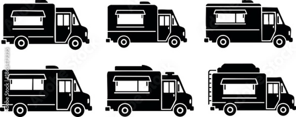 Obraz Black silhouette camper van vector set with different side views and window positions 
