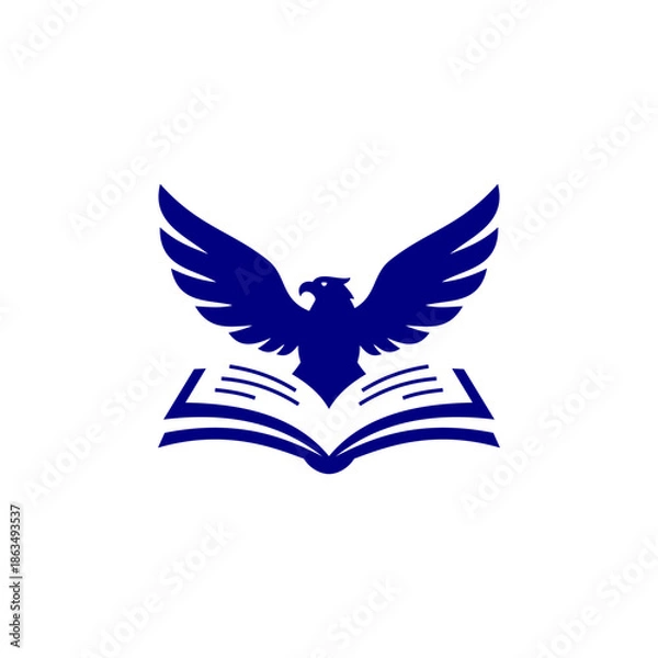 Obraz Blue eagle with spread wings emerging from open book, clean vector logo