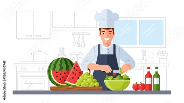 Obraz Professional chef preparing fresh fruit and vegetables in a bright modern kitchen.