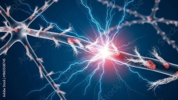 Obraz A neuron with electrical impulses and lightning effects