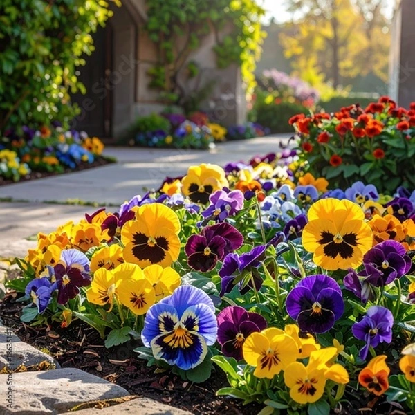 Obraz A vibrant flower bed overflowing with pansies, framing a stone path