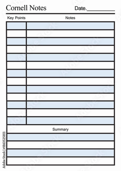 Obraz Notes page template featuring structured sections for key points, notes, and summary for organized student learning, academic study, and digital notebooks
