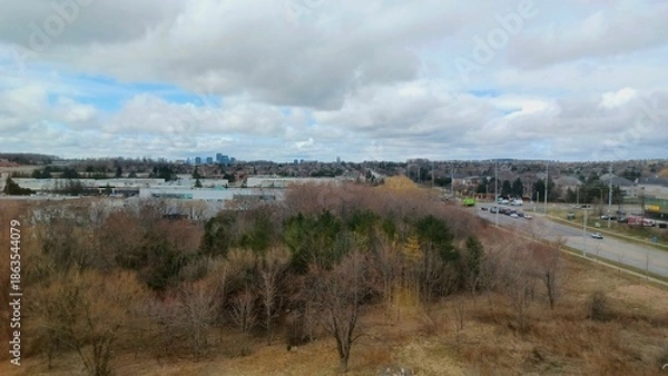 Obraz Suburban landscape under cloudy sky.