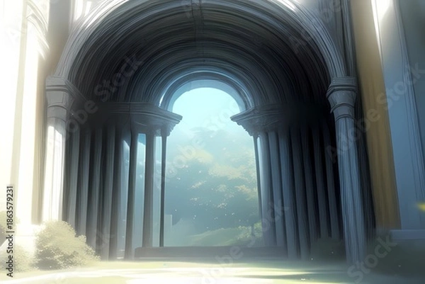 Obraz ゲーム背景　森の奥へと続く城壁トンネル入り口